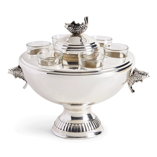 silver surface, silver plated vodka, silver plated caviar