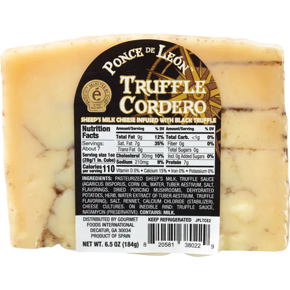 Ponce de León Truffle Cordero sheep's milk cheese wedge with black truffle, 184g