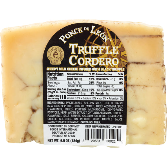 Ponce de León Truffle Cordero – Sheep’s Milk Cheese with Black Truffle (Spain).