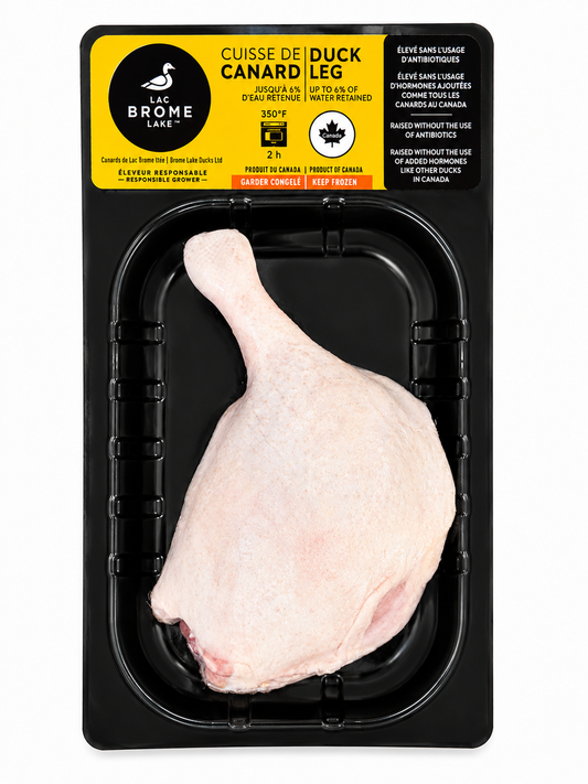 Lac Brome Lake whole duck leg in retail packaging, Product of Canada