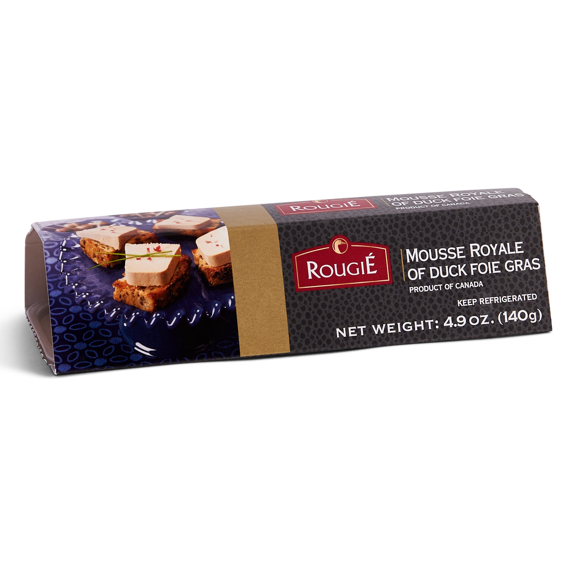 Rougié Mousse Royale of Duck Foie Gras 140g bar, showing served foie gras on toasted bread with chives