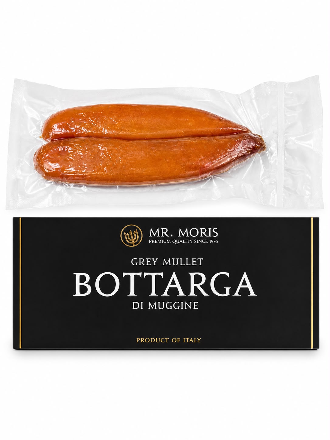 Mr. Moris grey mullet bottarga di Muggine, vacuum-sealed pair with box packaging