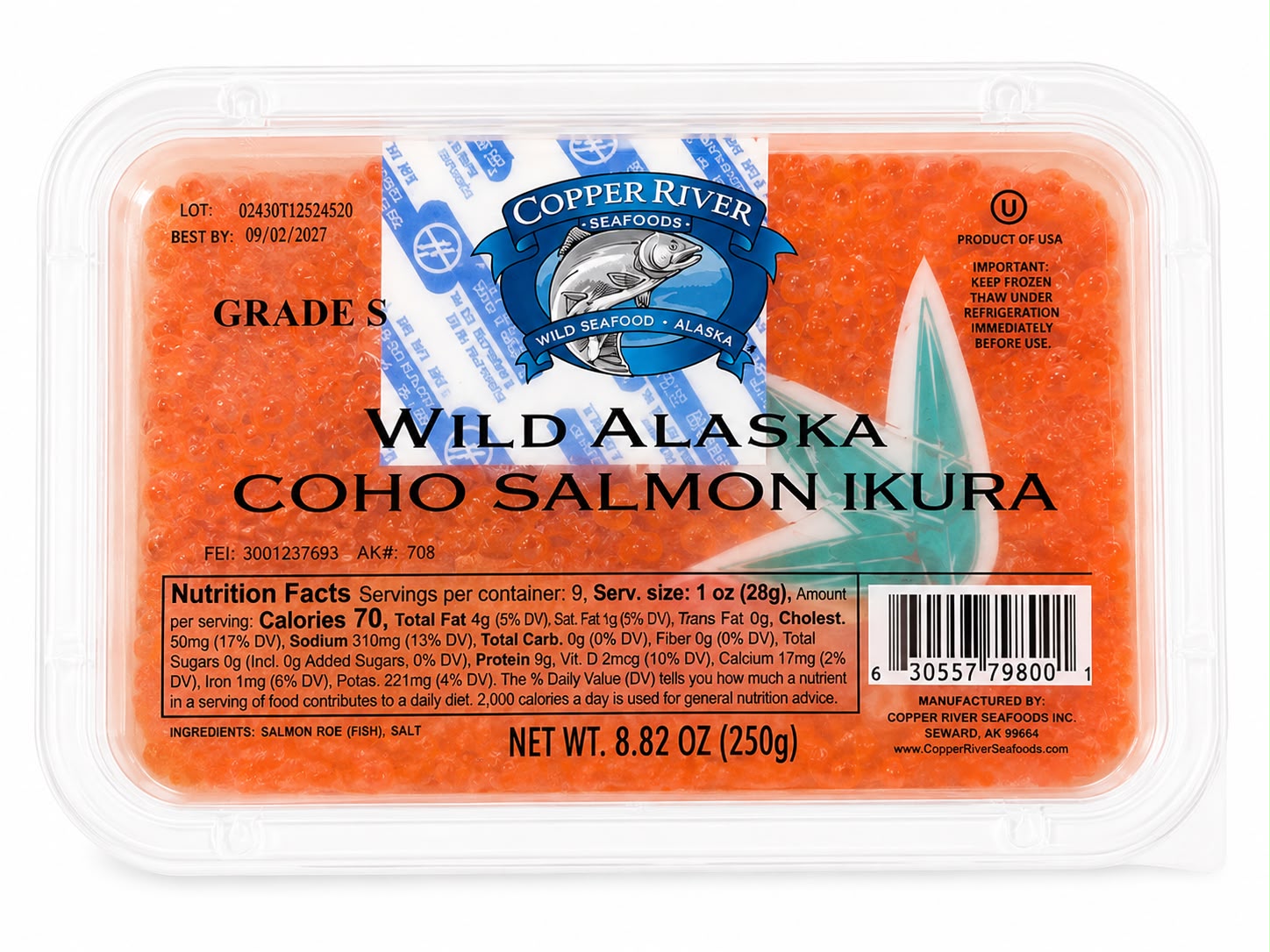 Copper River wild Alaska coho salmon ikura container, 250g, with nutrition label