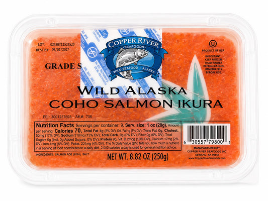 Copper River wild Alaska coho salmon ikura container, 250g, with nutrition label